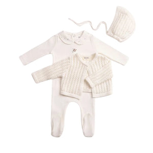 A front view of the elegant linen Bee & Dee Delicata Ensemble.