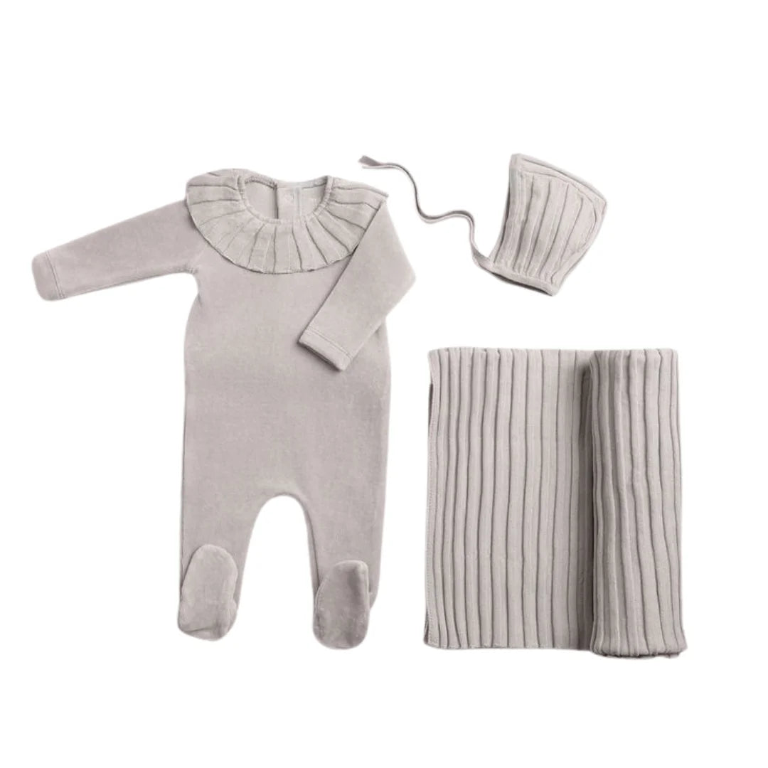 A front view of the elegant London Fog Bee & Dee Pleated Knit footie and bonnet full set.