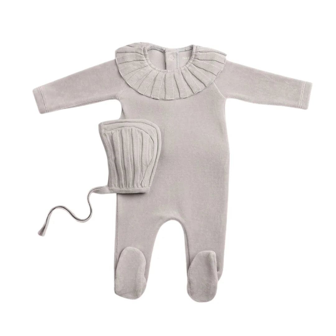 A front view of the elegant London Fog Bee & Dee Pleated Knit footie and bonnet.