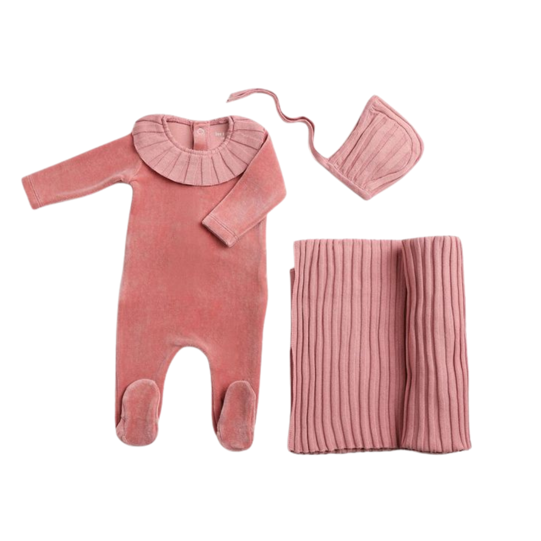 A front view of the elegant tea rose Bee & Dee Pleated Knit footie and bonnet.