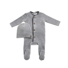 A front view of the luxurious smoky blue Bee & Dee velour footie and beanie set.