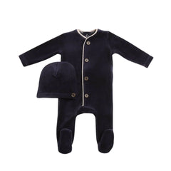 front view of the luxurious captain blue Bee & Dee velour loungewear set for baby.