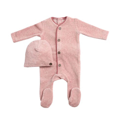 A front view of the luxurious old rose Bee & Dee velour loungewear set.
