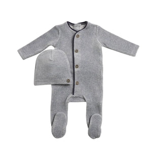 A front view of the luxurious smoky blue Bee & Dee velour loungewear set.