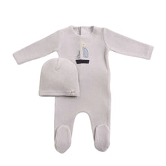 A front view of the luxurious crisp blue Bee & Dee velour footie and beanie set.
