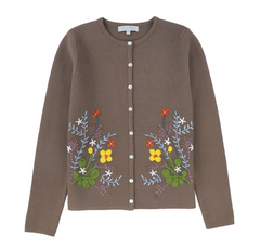 Brown cardigan with floral embroidery on a white background