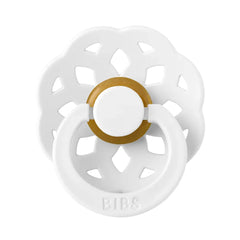 White and gold pacifier with 'BIBS' branding on a white background
