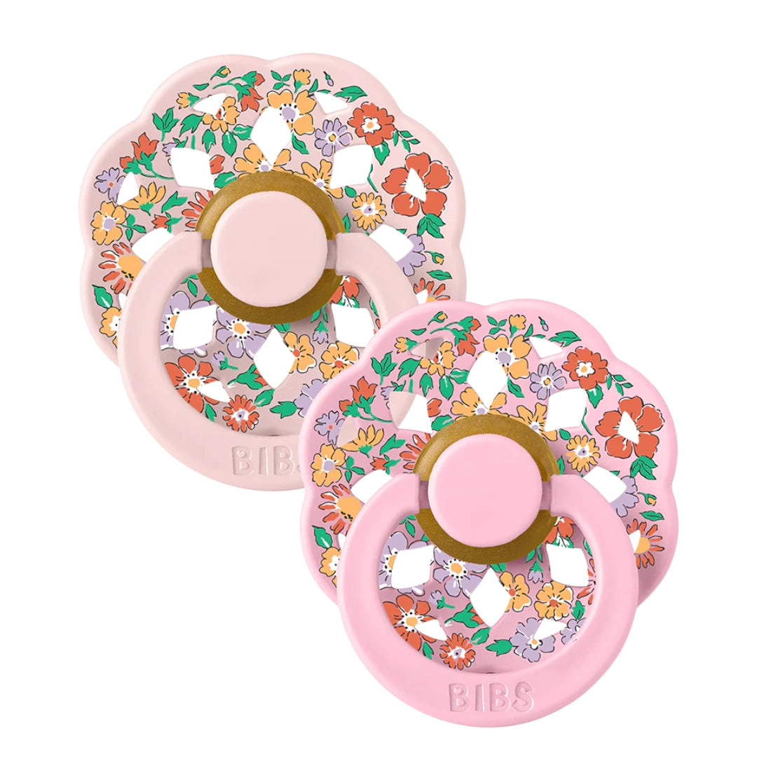 A breathtaking BIBS x Liberty Boheme Pacifier 2-Pack featuring an intricate, artistic shield, Liberty floral patterns, and premium round natural rubber nipples.