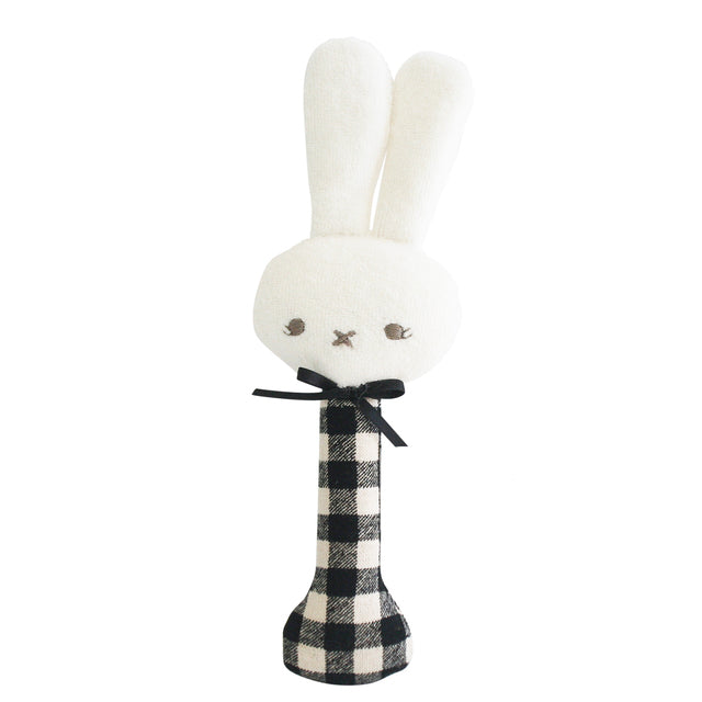alimrose black checked bunny stick rattle