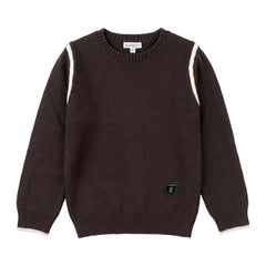 Studio front view of the Blumint brown rope detail cable knit sweater for toddlers.
