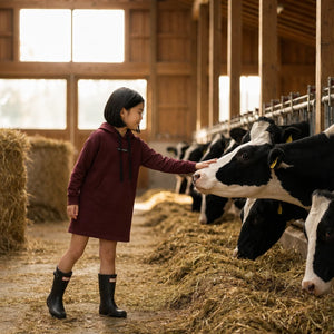A child wearing the Bopop burgundy dress