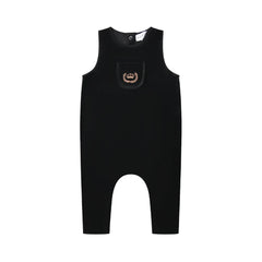 A front view of the black Bopop baby overalls featuring gold crown embroidery.
