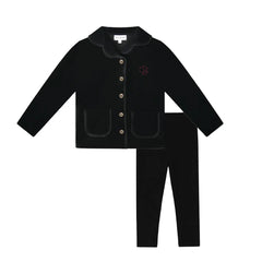 A front view of the black Bopop lounge set for boys featuring the Raspberry B embroidery.