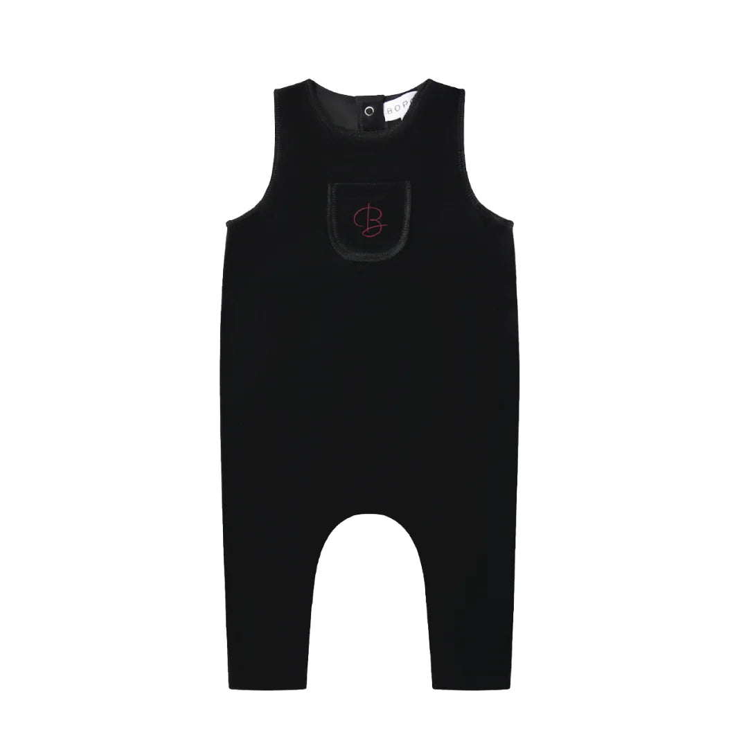 A front view of the black Bopop overalls featuring a cute Raspberry B embroidered design.