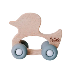 A breathtaking Calla & Friends rolling duck toy featuring an immaculate powder blue palette and smooth-gliding wheels for sensory play.