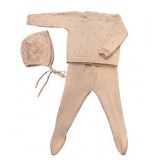 Baby outfit set with pink sweater, pants, and hat on a white background