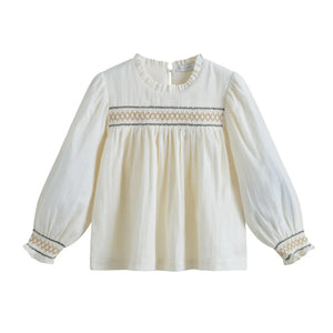 White blouse with lace details on a white background