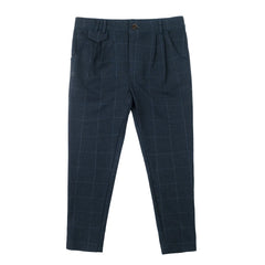 A front view of the Cottier navy tartan slim stretch pants for children.