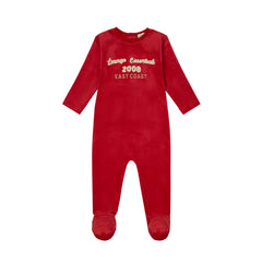 A front view of the Crew Lounge coral terry applique baby footie.