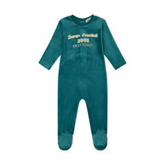 A front view of the Crew Lounge green terry applique baby footie.