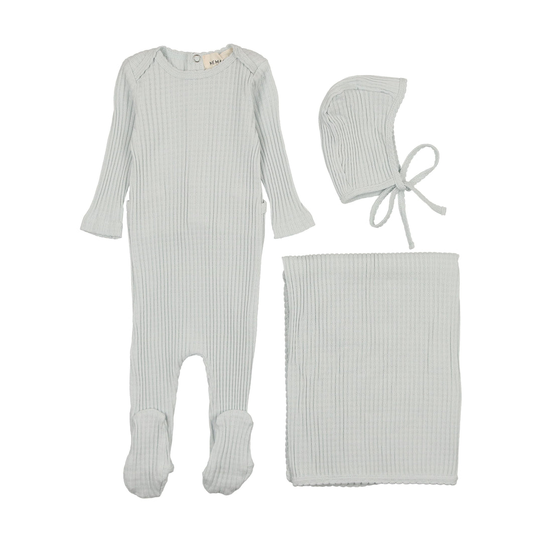 Mema Knits Blue Picot Edge Textured 3 Pc Layette Set