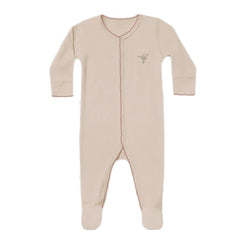 Beige baby onesie with a small design on a white background