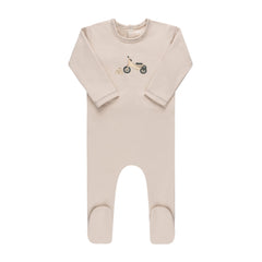 A breathtaking Ely's & Co. French Terry Footie featuring an immaculate tan palette, a whimsical bicycle print, and a cozy footed silhouette.