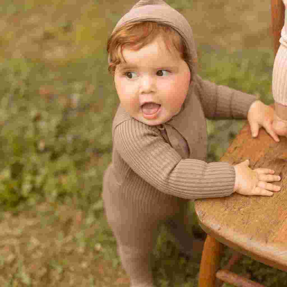 Bee & Dee Coffee Knit Embroidered Bib Footie + Beanie