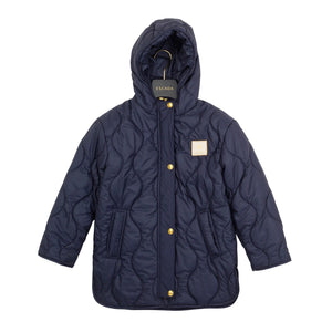 Navy quilted jacket with gold buttons on a white background