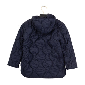 Navy blue quilted jacket on a hanger against a white background
