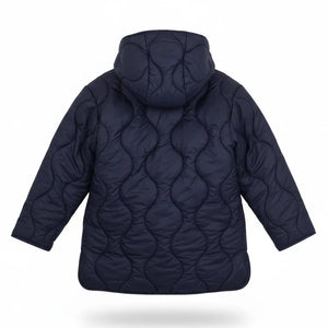 Navy blue quilted jacket on a hanger against a white background