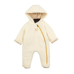 Cream-colored baby snowsuit with a hood on a white background