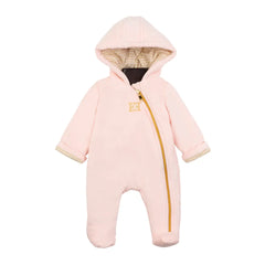 Pink baby snowsuit with a hood on a white background