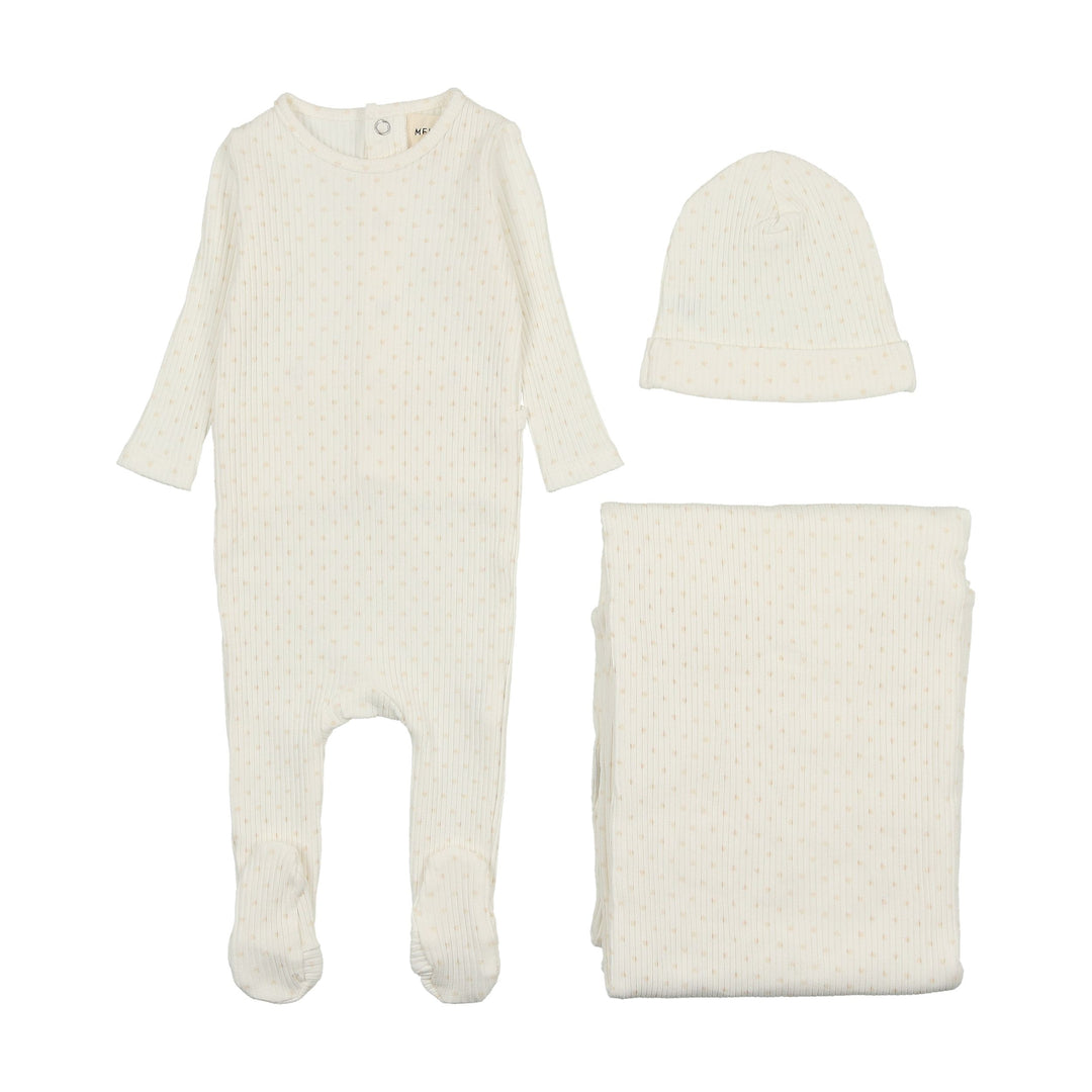 Mema Knits Winter White Wide Rib Heart 3 Pc Set