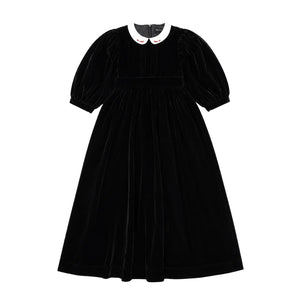 A front view of the Francesca Guiliano velvet embroidered collar formal gown.