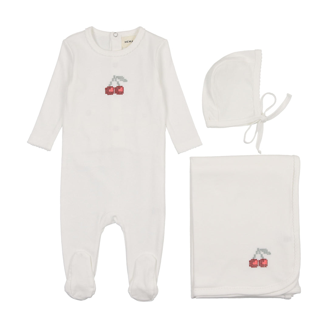 Mema Knits Red Embroidered Cherry 3 Pc Layette Set