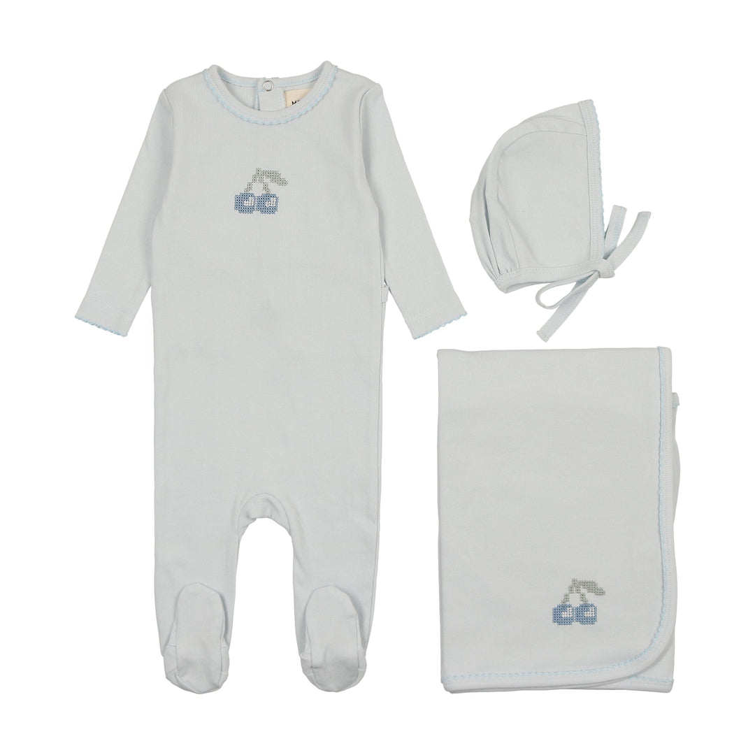 Mema Knits Blue Embroidered Cherry 3 Pc Layette Set