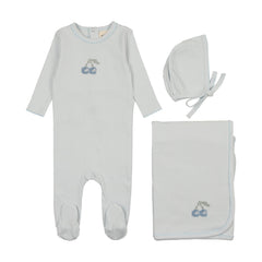 Mema Knits Blue Embroidered Cherry 3 Pc Layette Set