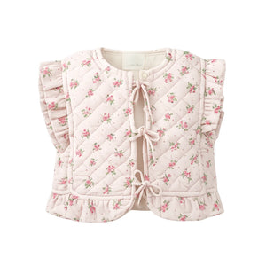 A front view of the pink Gingersnaps quilted baby vest with a delicate floral print pattern.