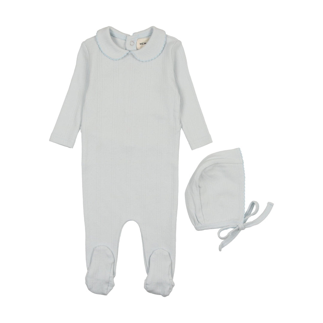 Mema Knits Light Blue Pointelle Footie + Bonnet