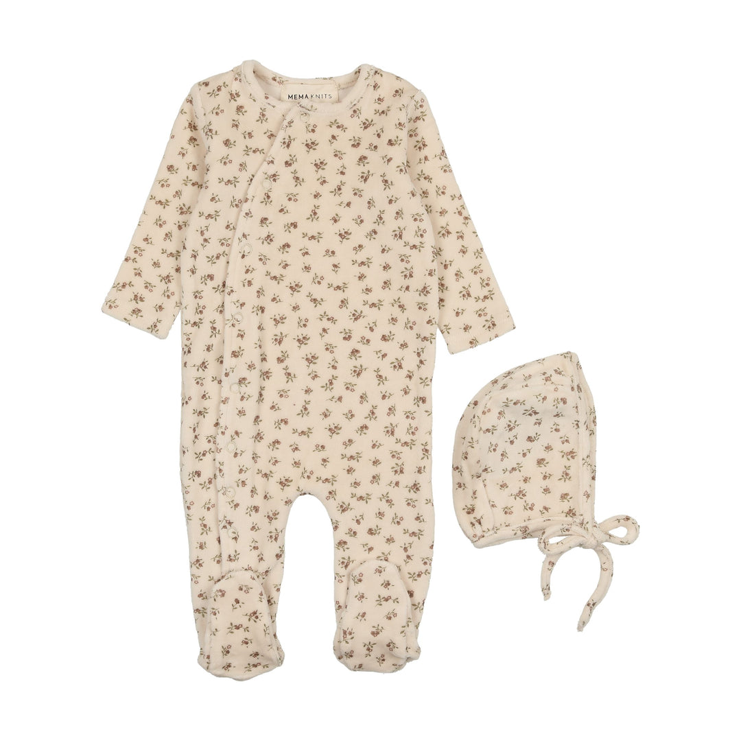 Mema Knits Pink Printed Velour Side Snap Footie