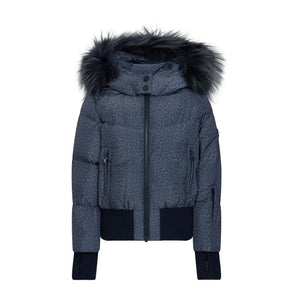 A dark gray heathered puffer jacket with a large black faux-fur trimmed hood, black ribbed hem and cuffs, and a black front zipper, shown on a plain white background.