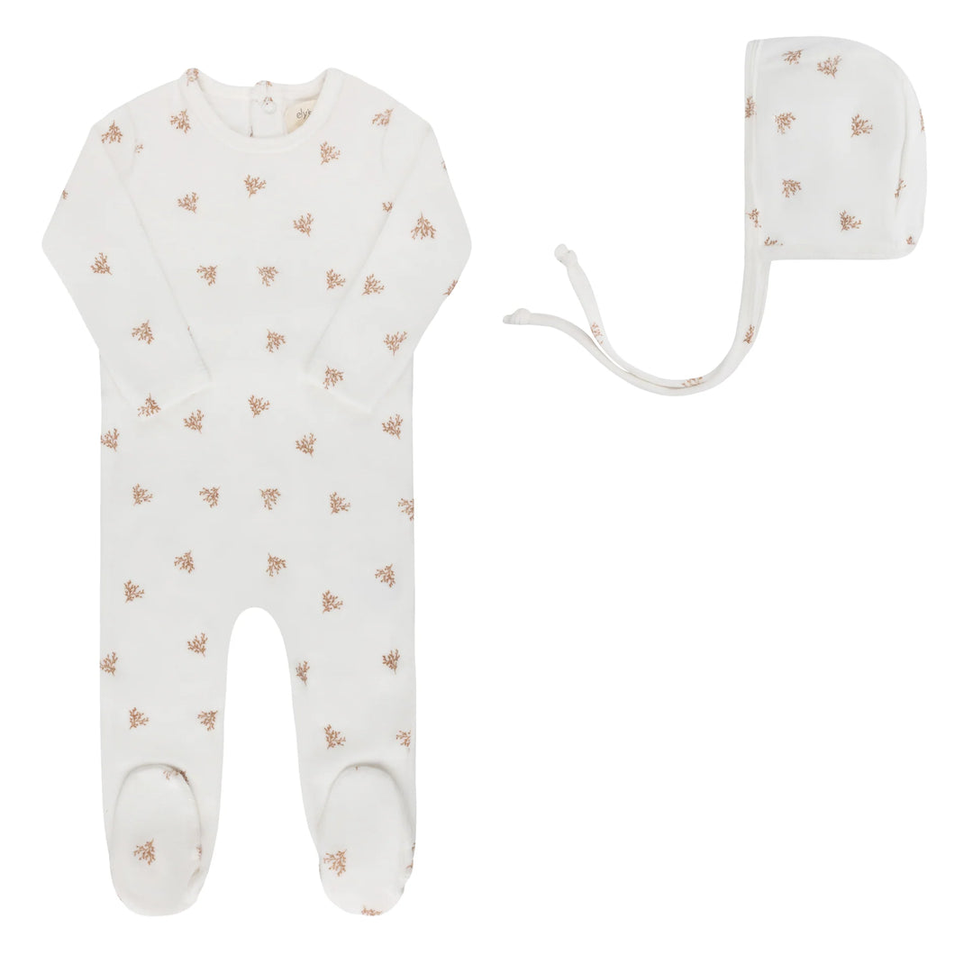 Ely's & Co Ivory Boys Velour Leaf Footie + Bonnet