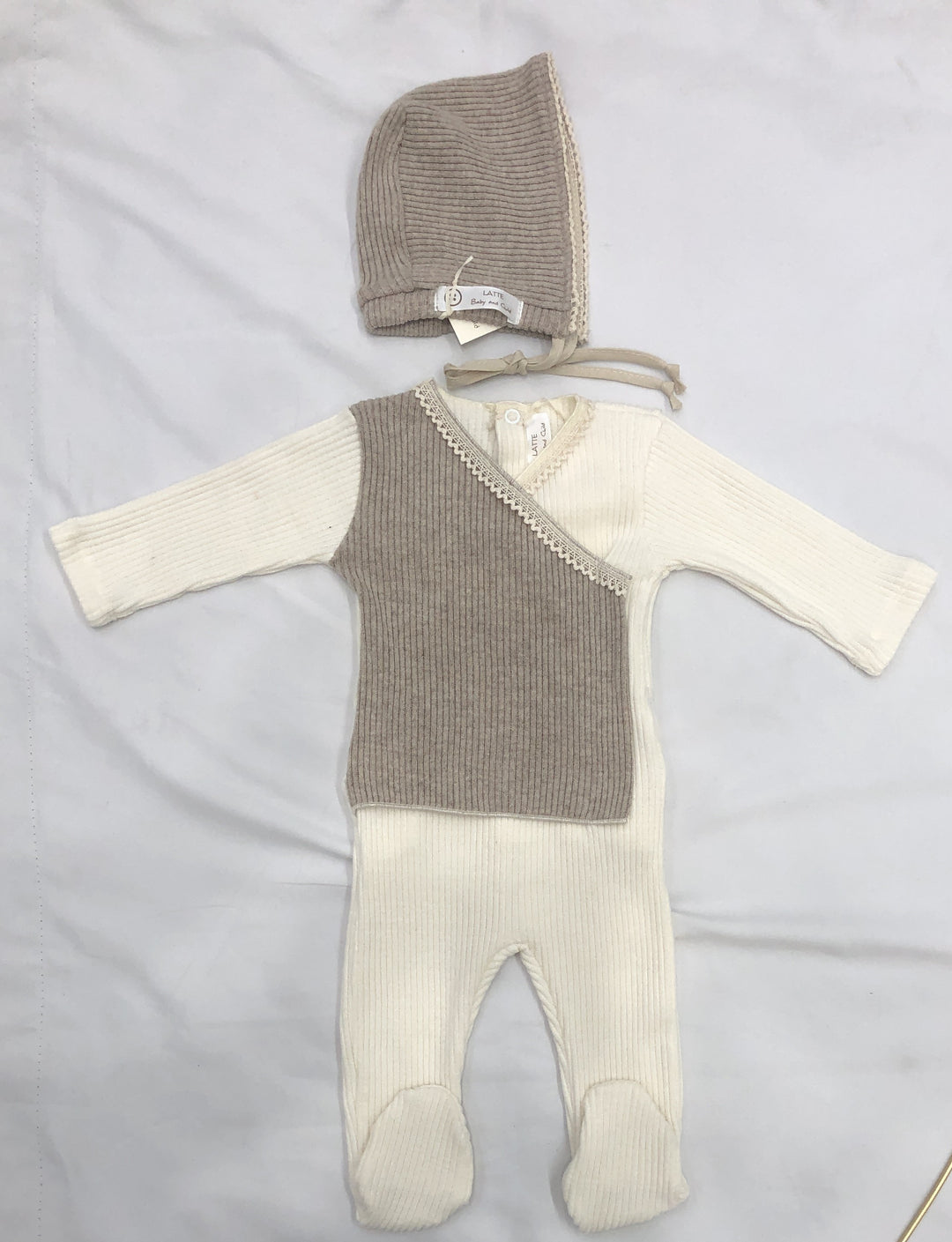 Latte Tutina Ivory Rib Sand Panel Footie + Bonnet