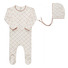 Aurora Ivory/Pink Diamond Print Footie + Bonnet