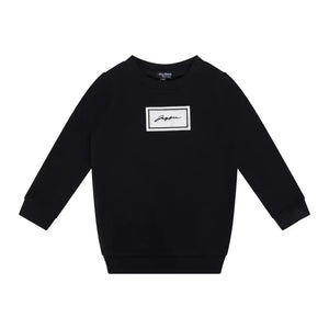 A front view of the JayBee black sherpa patch children's sweatshirt.