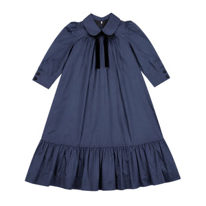 Blue dress with a ruffled collar on a white background