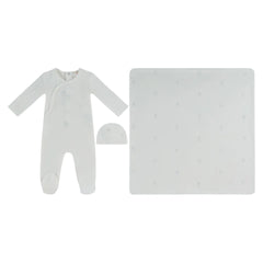 A front view of the Kipp Baby blue petit ours 3-piece newborn set.