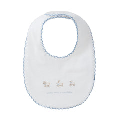 A front view of the Kipp Baby blue petits amis terry cotton baby bib.