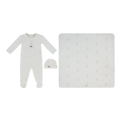 front view of the Kipp baby pink Atelier Bunny footie, hat, and blanket set.
